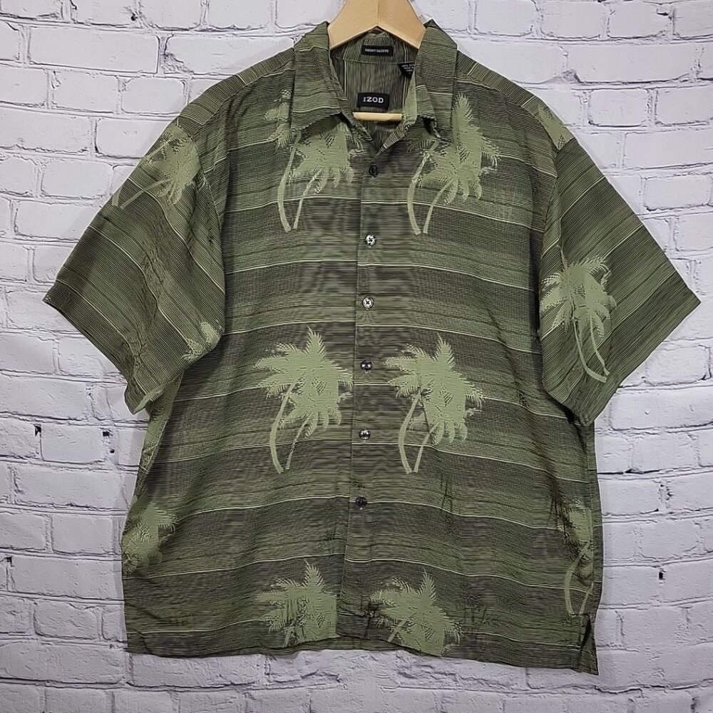 Izod Mens Short Sleeve 100%‎ Silk Hawaiian Shirt Palm Tree Print Green L